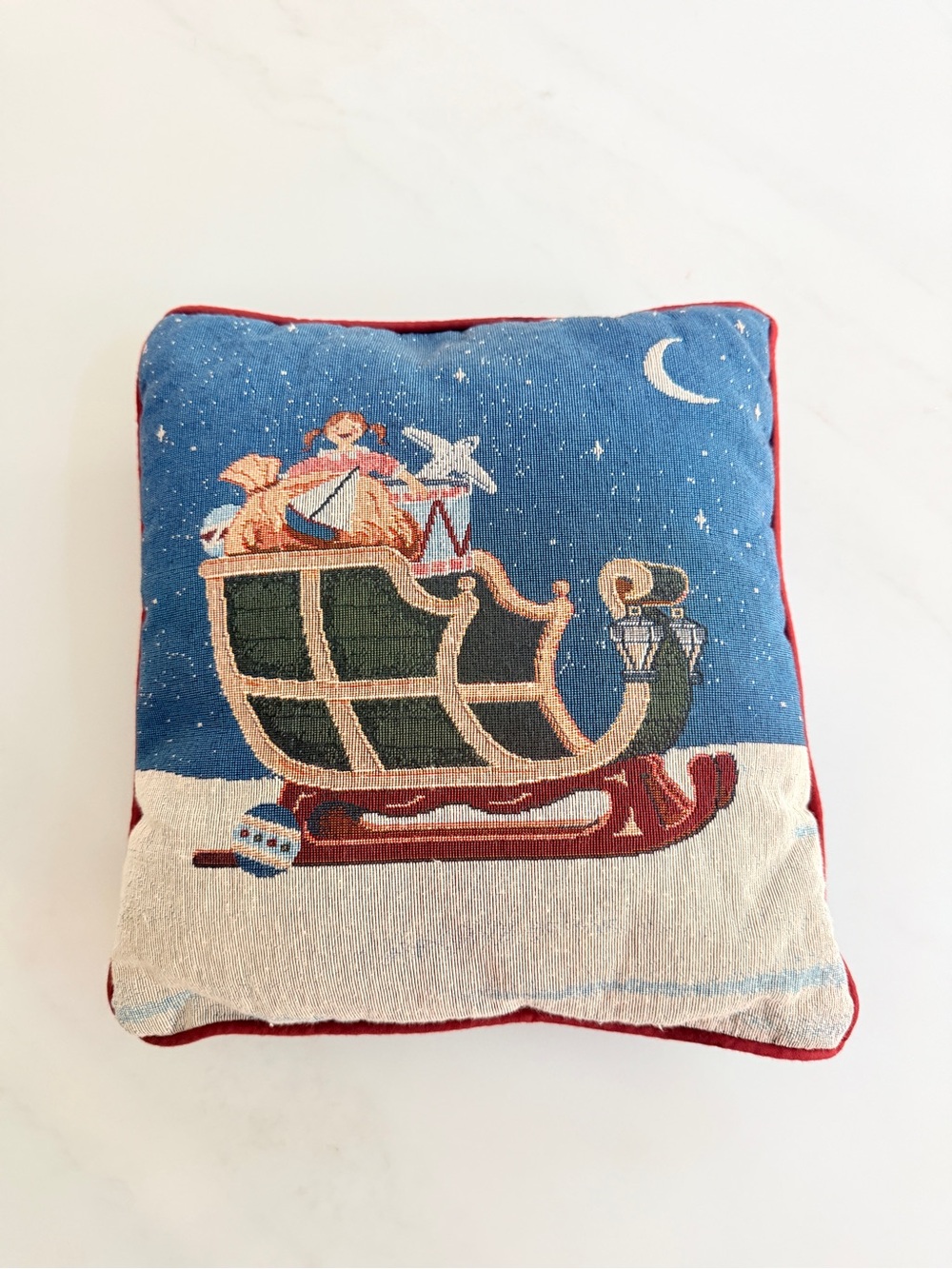 Vintage 90s Woven gobelin Tapestry Christmas throw Pillow Sleigh Girl 12"
